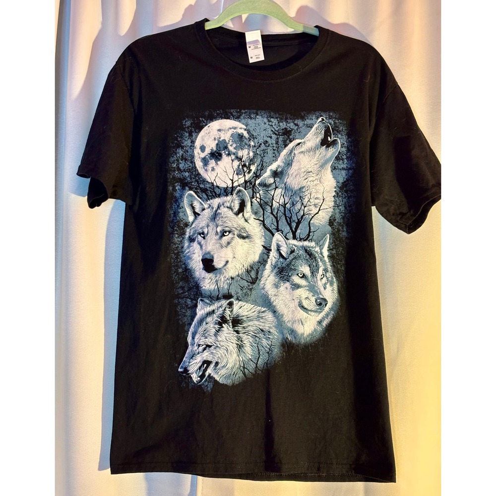 Wolf Howl Fruit of the Loom Cotton Moon Graphic T-Shirt Mens Medium Black